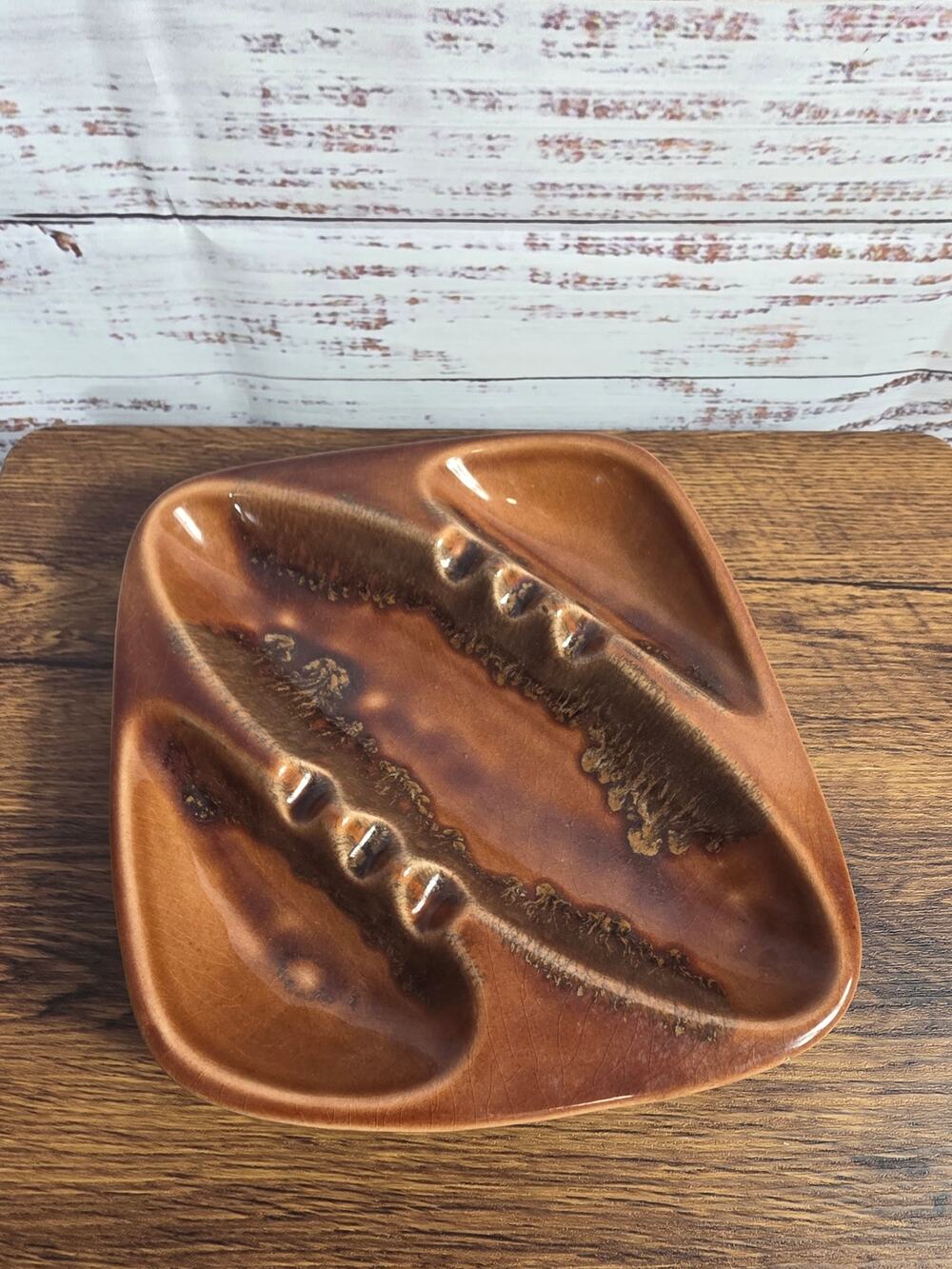 VTG Mid Century Modern Brown Glaze Ceramic Ashtray Large Square MCM Retro